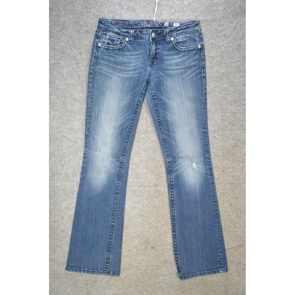 Miss Me‎ Jeans Womens 31x34 Blue Low Rise Bootcut Rhinestone Flap Pockets